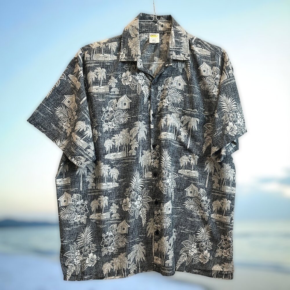 Rima St.‎ Maarten Hawaiian Shirt XL Black White Palm Trees Tropical Casual